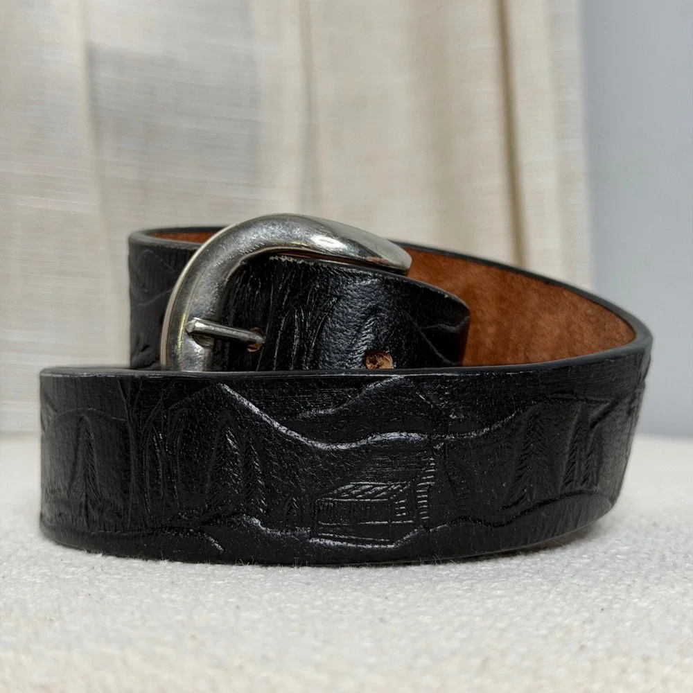 Vintage C.L.‎ Leather Belt Embossed Cabin Deer Mountain Black Tooled Men's 48